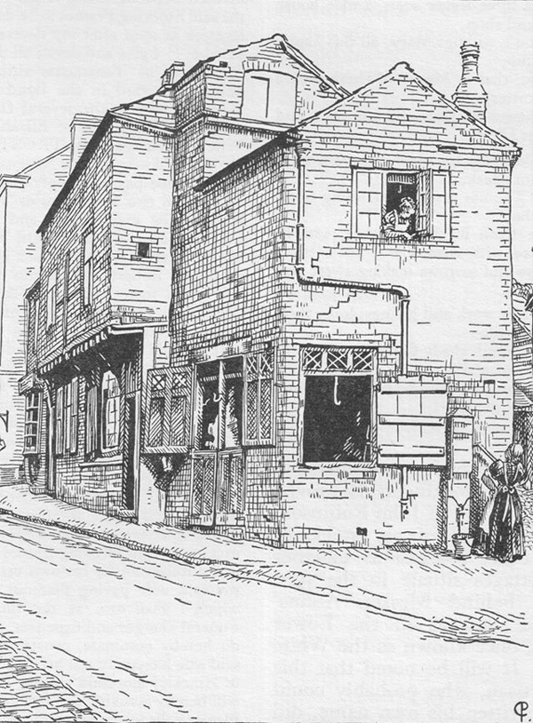 Drawing by Cecily Pickering of old 'butcher's shop, Castle Street' (from A. J. Pickering, The Cradle and Home...)