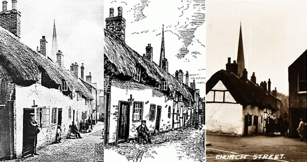 left: Church Walk about 1910. centre: Drawing by Cicely Pickering (from A. J. Pickering, The Cradle and Home… ). right: Church Street, about 1950