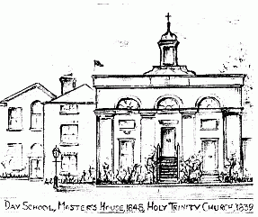 Artist's impression of day school, master's house and church, 1840s