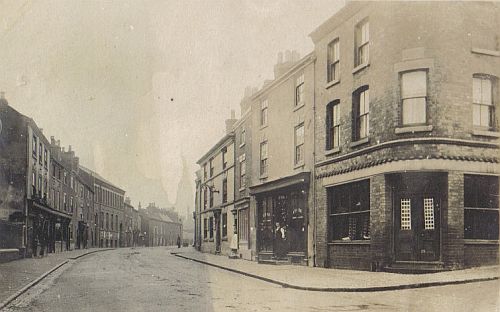 New Buildings from Wood Street, c.1900. Right, foreground, is Argyle House, and further on the right can be seen the Greyhound public house