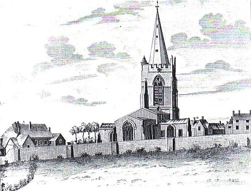 The Priory House (A), Vicarage (B) and St. Mary's Church from the North-East, about 1780
