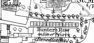 the priory house replacement, Hunters Row (1827), from the 1885-6 1:2500 Ordnance Survey