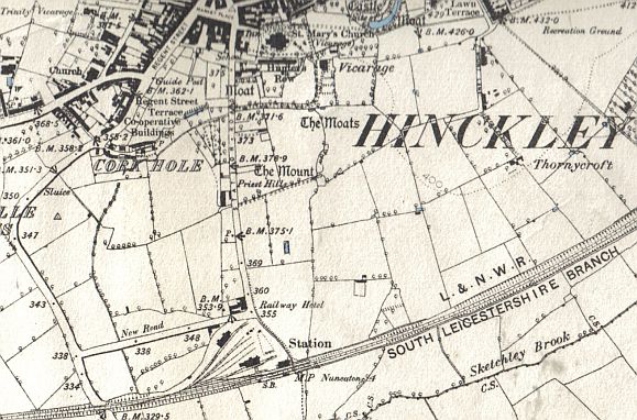 Hinckley Railway Station with associated sidings and warehousing as shown on the 1889 Ordnance Survey