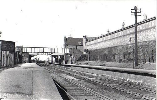 Hinckley Station in 1951 with Bennett Brothers' hosiery works bordering the eastbound platform