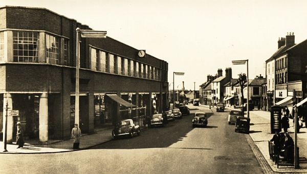 Regent Street looking towards Rugby Road, about1950. Only the first two storeys of the High Cross hosiery works had yet been built