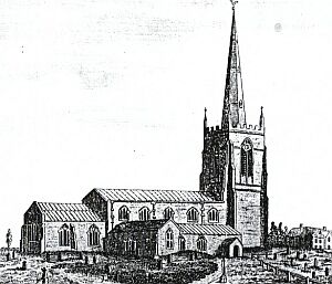 From the north, after 1786, showing the spire as rebuilt by John Cheshire