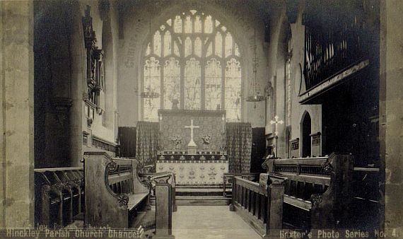 The Chancel in 1903 showing choir stalls, high altar (redesigned with new reredos, 1920) and east window (replaced, 1923)