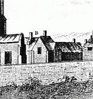 Engraving showing priory house, church and vicarage (B), from Nichols' Leicestershire, 1811
