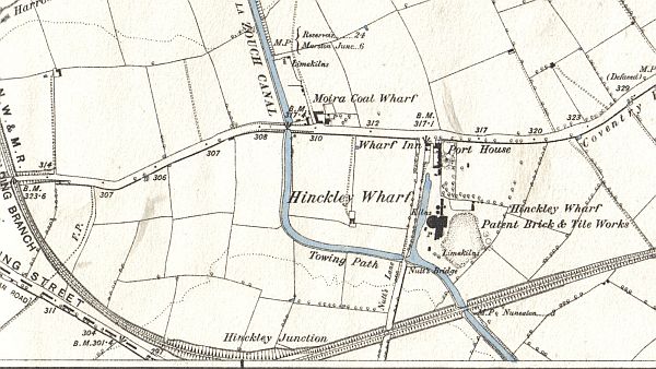  Hinckley Wharf, Wharf Inn, Port House, Brick and Tile Works, Moira Coal Wharf etc. from the 1889 Ordnance Survey